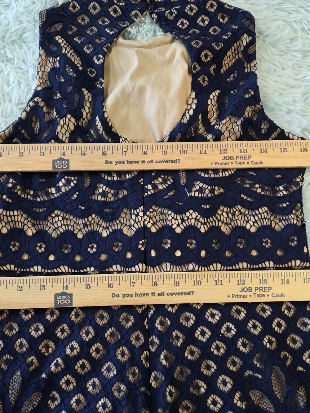 AUW Navy Blue Lace Mini Dress Size 10 Nude Lining Wedding Guest - Picture 10 of 13